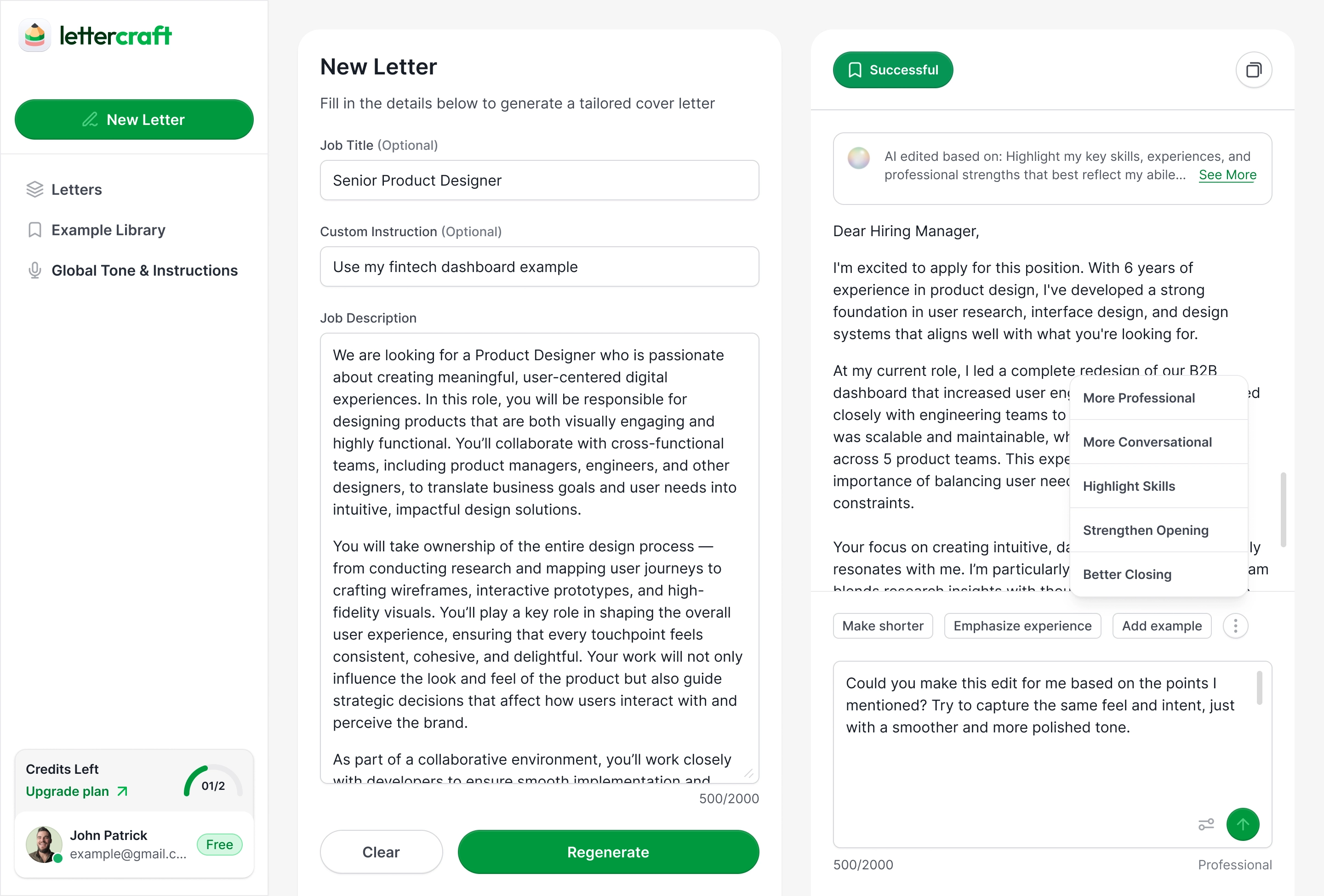LetterCraft — AI cover letter generator app interface